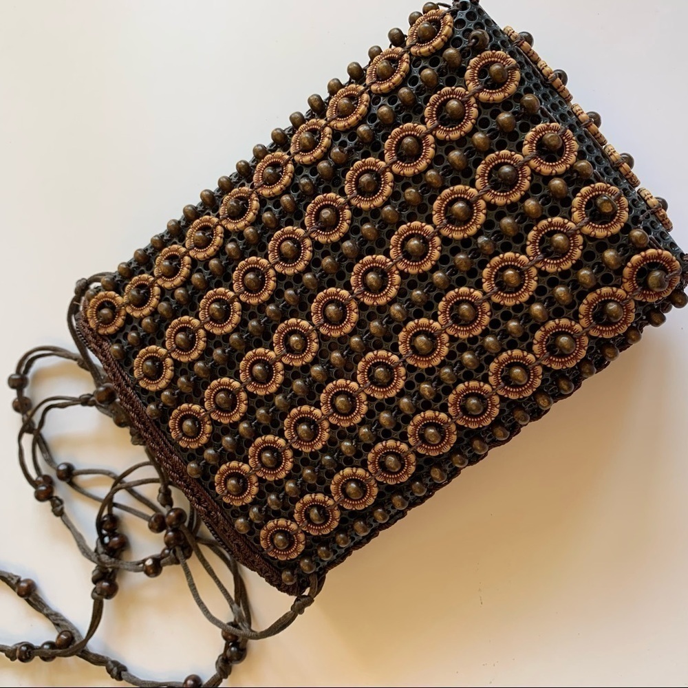 Handmade Wood Beaded Bag Floral Top Zip Mini Crossbody - Picture 7 of 15